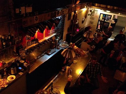 inside looking down from balcony  at Cat Bar in Barcelona