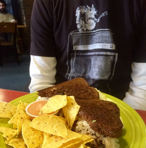 Tempeh Reuben and chips at Hard Times Cafe in Minneapolis