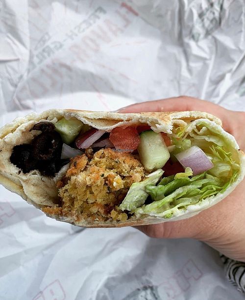 Falafel pita without tzatziki or feta with hummus added instead.  at Pita Pit in Hauppauge