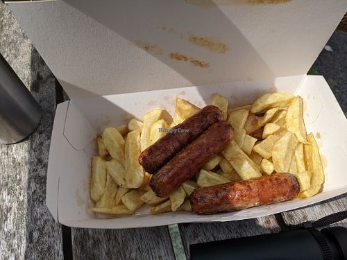 Vegan sausage a chips  at Siaway Fish & Chips in Isle Of Skye