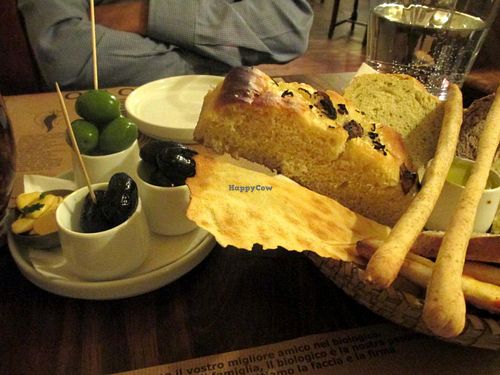 Starters (appetizers): Olives and an assortment of breads with olive oil (chili oil was also placed on the table). at Amico Bio in London