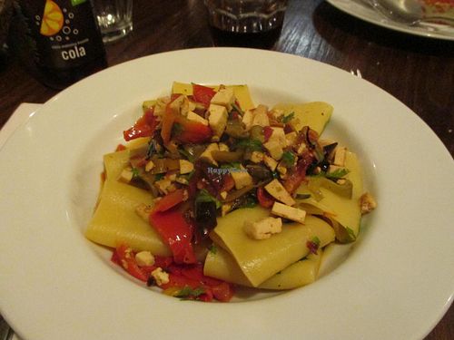 Vegan pasta with tofu, red bell pepper and zucchini  at Amico Bio in London