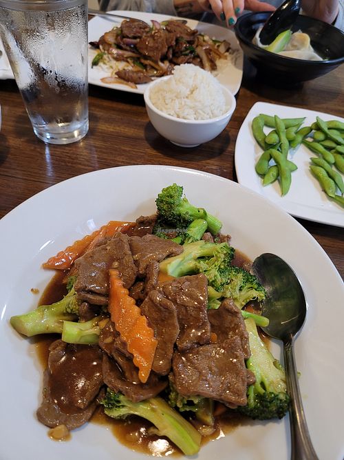 Mongolian beef up top and beef and broccoli on the bottom at Veggie House  in Chicago