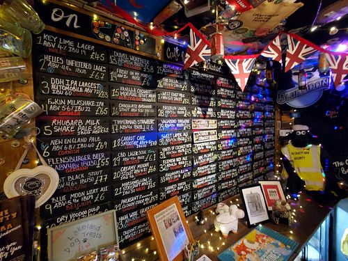 Extensive beer and cider selection with vegan options marked at The Crafty Baa in Windermere