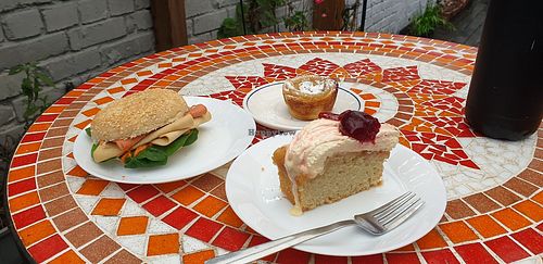 Chikn & ham style sandwich toasted, pastel de nata and Victoria sponge cake at The Green Kitchen in Newport