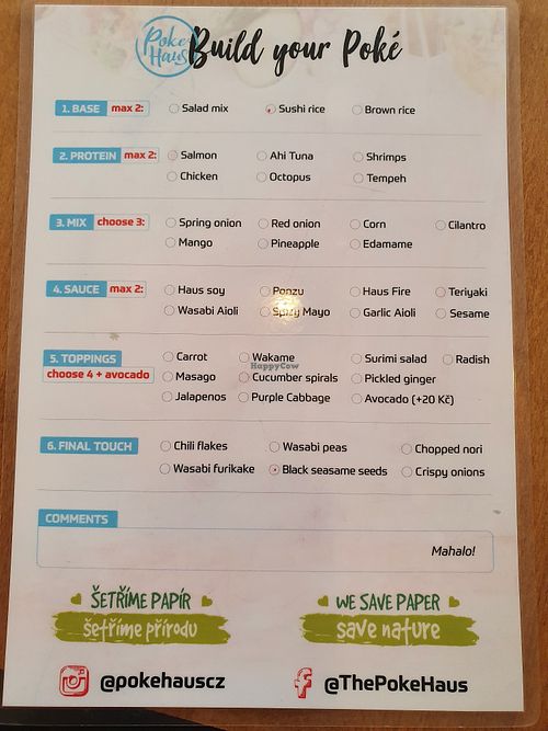 Menu at Poke Haus Letna in Prague