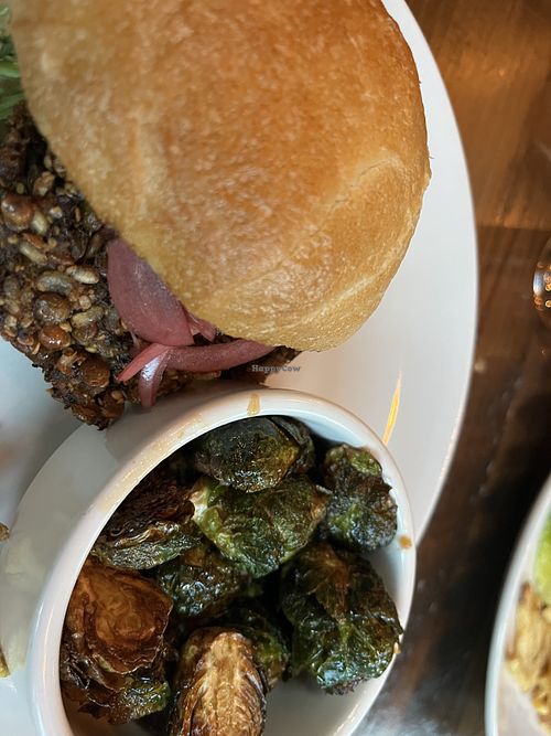 Hemp burger and brussels sprouts  at Cooper's on the Creek in Georgetown