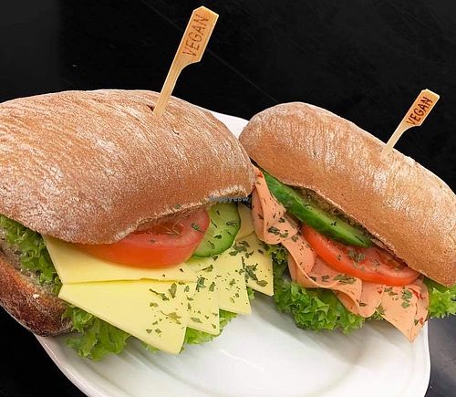Vegan ham and cheese sandwiches at Schokochino in Berlin