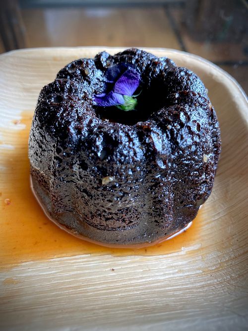 Caramel Drizzled Macaroons Cacao Bundt Cake; note all desserts are vegan at Coco Breeze in Oakland