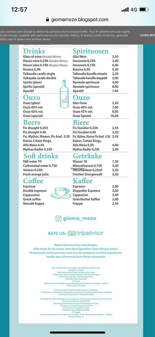 Drinks menu at Gioma Meze in Crete