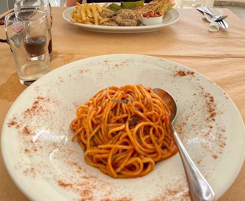 Garlic pasta and lentil balls. Great size portions at Meli & Thymari in Santorini