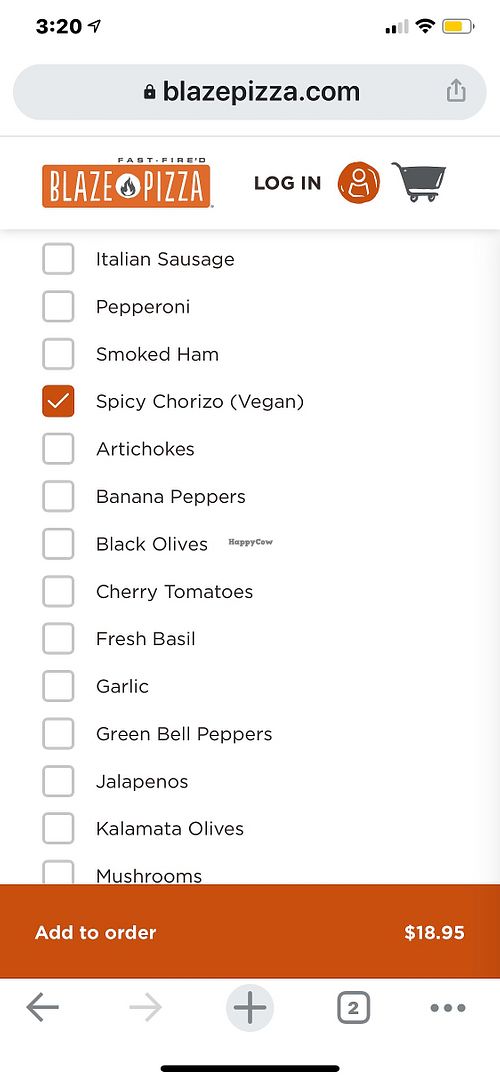 Vegan Chorizo option at Blaze Pizza in Trinity