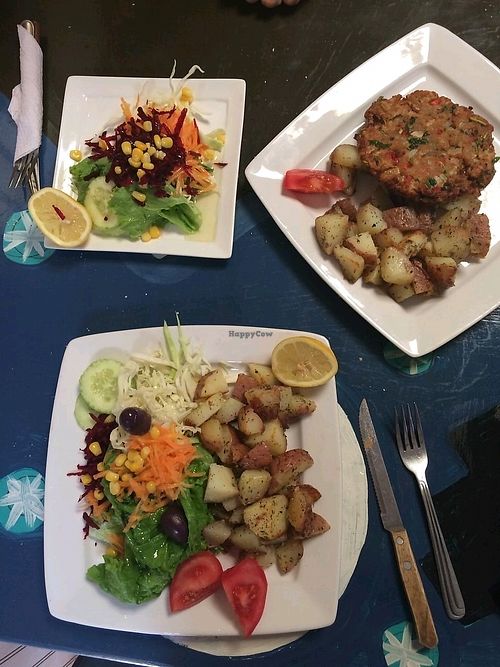 Meal salad, menu salad (starter) and soy burger  at Estrella Negra in San Pedro De Atacama