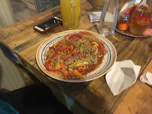 Pizza without cheese at Estrella Negra in San Pedro De Atacama