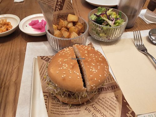 Burger, roast potatoes and salad. at Vegegood 素来很好 in Shanghai