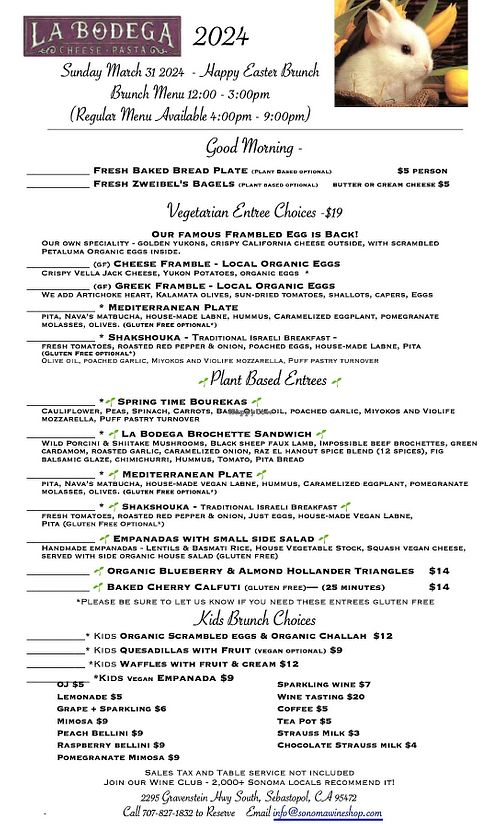 Easter Brunch 2024 at Sonoma Wine Shop - La Bodega in Sebastopol