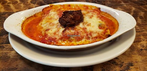 Plant based 'beef brisket cannelloni', with our own pb pasta, house made marinara, topped with pb cheese and a dollop of demi glace relish. at Sonoma Wine Shop - La Bodega in Sebastopol