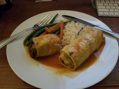 Vegan Hodo Roulade Yuba roll, Stuffed with Braising greens, Saffron/Orange sauce, Basmati Rice at Sonoma Wine Shop - La Bodega in Sebastopol