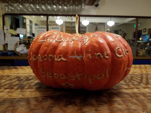 Lois Cohen grows a personalized pumpkin every year for La Bodega. Thank you always Lois! at Sonoma Wine Shop - La Bodega in Sebastopol