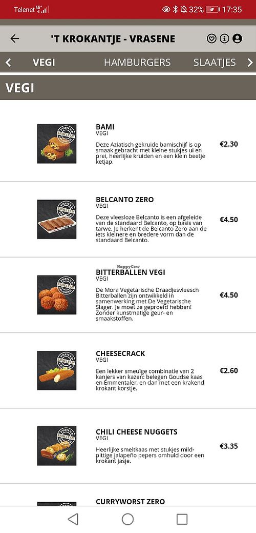 Menu veggie opties at Frituur 't Krokantje in Vrasene
