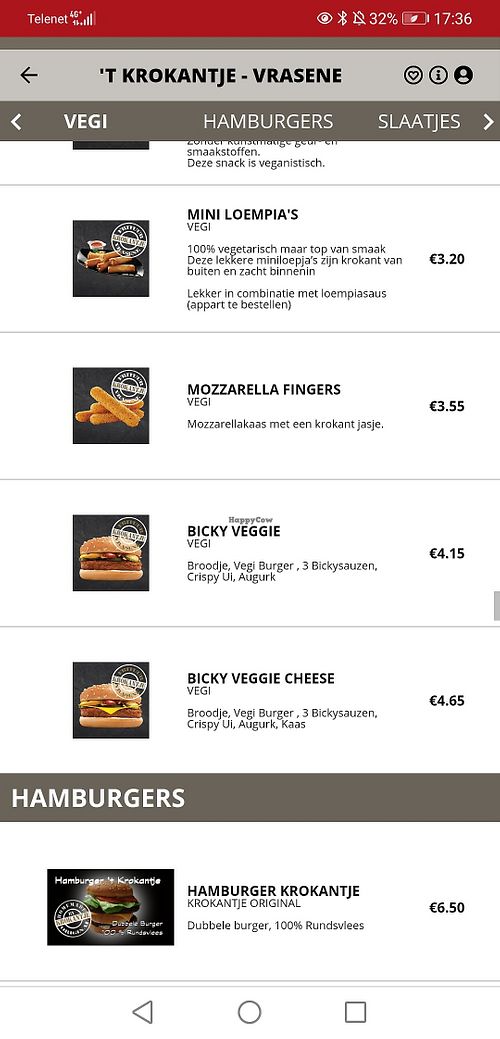 Menu veggie opties at Frituur 't Krokantje in Vrasene