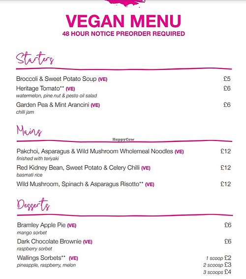Vegan menu at The Spread Eagle in Blackburn