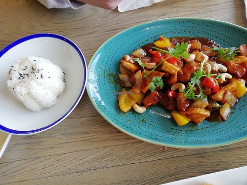 Kung pao veg + vegan meats at Loving Hut in Reykjavik