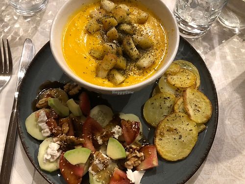 Pumpkin soup with salad and roasted potatoes  at Molino del Corregidor in San Roman De Cameros
