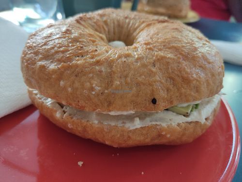 Sea salt bagel with garlic cream cheese and avocado at Ezra's Bagel Cafe in Prague