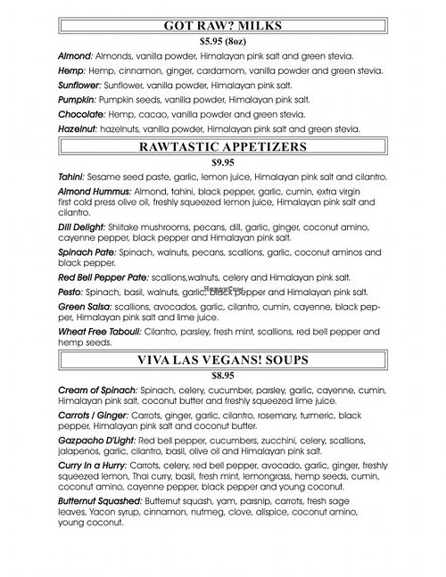 Menu Page 5/8 at Chef Sara's Raw Vegan Academy and Cafe in Cave Creek