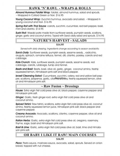 Menu Page 6/8 at Chef Sara's Raw Vegan Academy and Cafe in Cave Creek