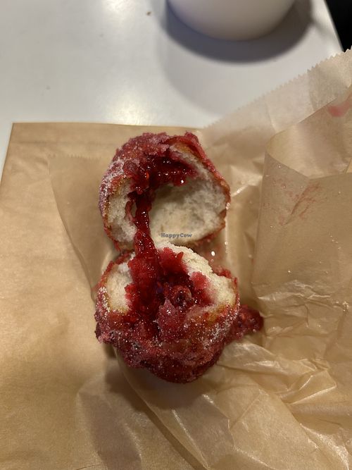 Inside of raspberry filled donut   at Babes in Sacramento