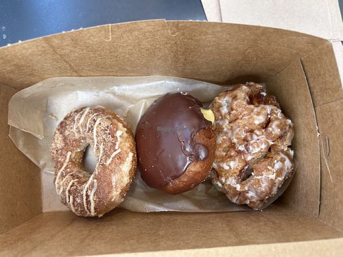 Cinnamon donut, Boston cream pie, and apple fritter   at Babes in Sacramento