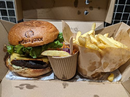 Double mushroom burger meal. at Eden Jaxx in Copenhagen