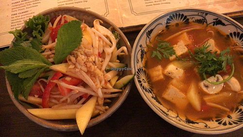 Mango salad in nice dressing, sour vegetable soup at To1980 Vegan in Dusseldorf