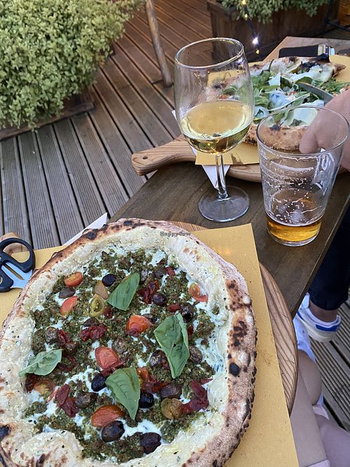 Vegan Pizza on the left with cashew Tofu cream  at Souldough Pizza in Carvoeira