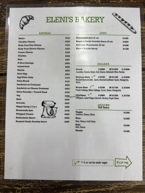 Menu with vegan options   at Eleni's Bakery in Kingston