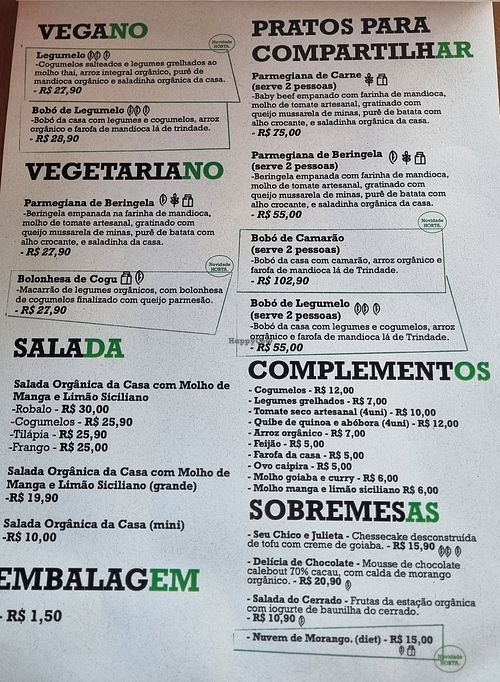 Menu at Horta Cozinha Criativa in Brasilia