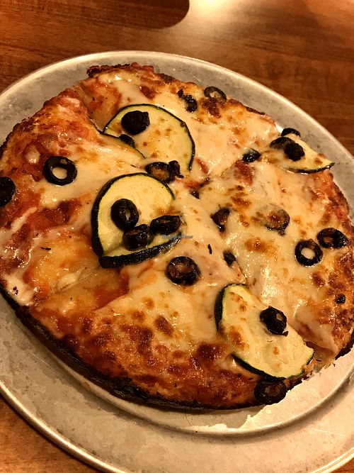 Small black olive and zucchini pizza  at Peddlers Pizza Pub in Valparaiso