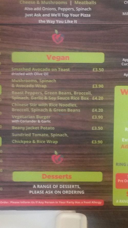 Vegan menu at Wholesome Nutrition in South Shields