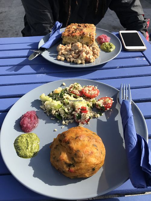 Sweet potato burger & salad (vegan) and salmon fritter with chickpea salad at Select Stores in Dalkey