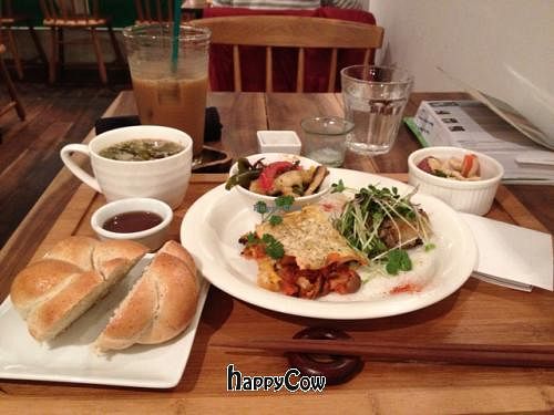 my meal set ¥1100 (includes everything in pic) at Vegan Cafe - Mondano in Hiroshima