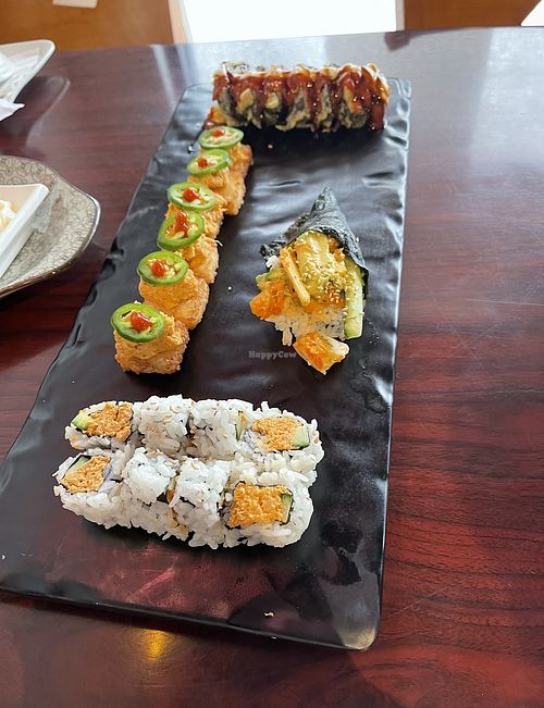 F: Vegan spicy tuna roll; L: Vegan crispy rice roll; R: vegan shrimp hand roll   at Yanagi Sushi in Gilbert