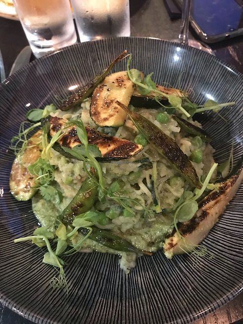Courgette and potato tagliatelle with fresh garden peas and mint. at The Press Kitchen in York