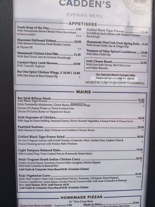 Menu - March 2025 at Cadden's Bar One in Castlebar