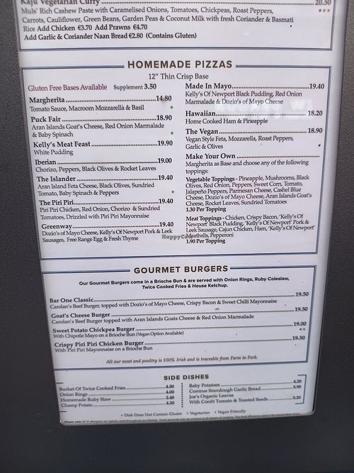 Menu - March 2025 at Cadden's Bar One in Castlebar