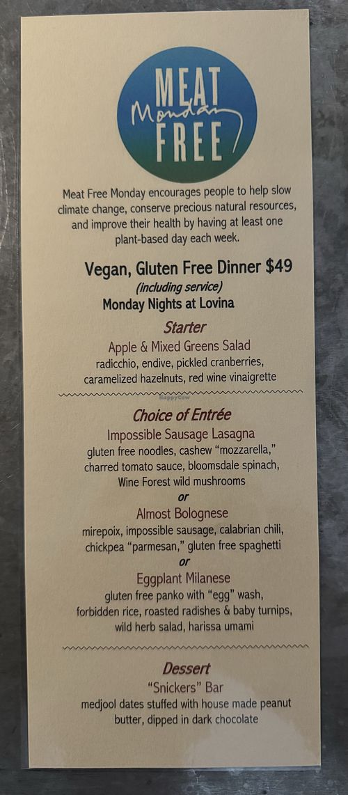 Meat Free Monday Menu  at Lovina in Calistoga