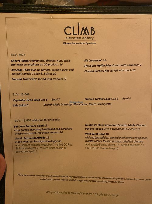 Menu at Climb Elevated Eatery in Lake City