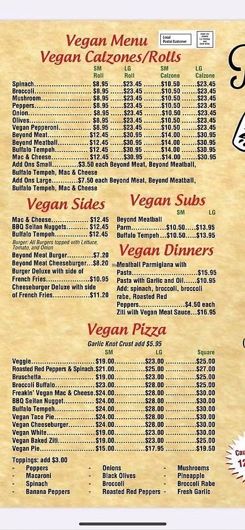 Vegan menu: so many options!  at Pat D's Pizza in Howell