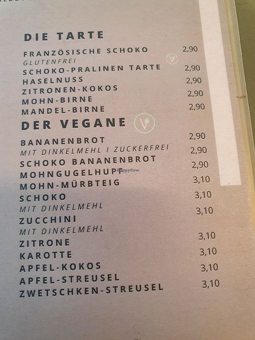 Menu with vegan cakes at Verenas in Innsbruck